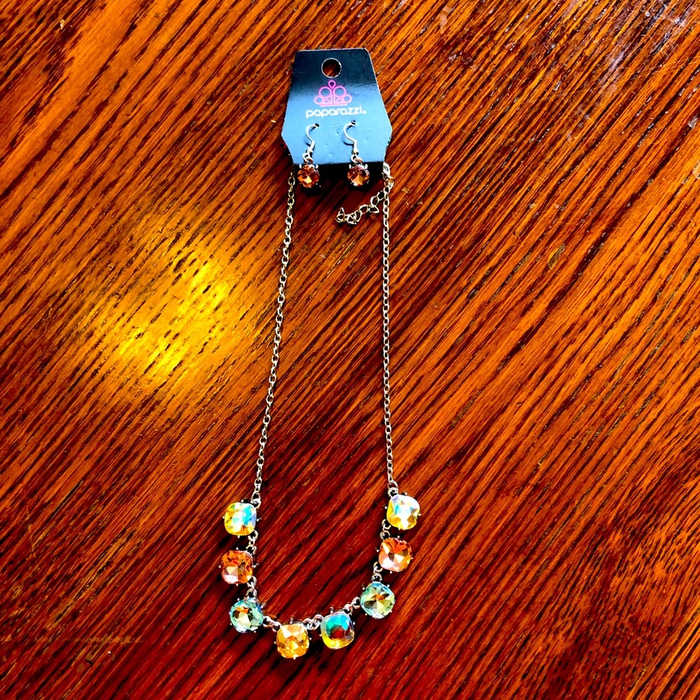 Multi-Colored Rhinestone Necklace with Matching Earrings Paparazzi Throat Length